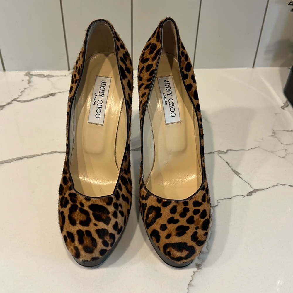 JIMMY CHOO leopard pony hair platform heels, size 40